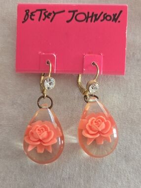 Betsey Johnson Coral Rose Teardrop Dangle Earrings